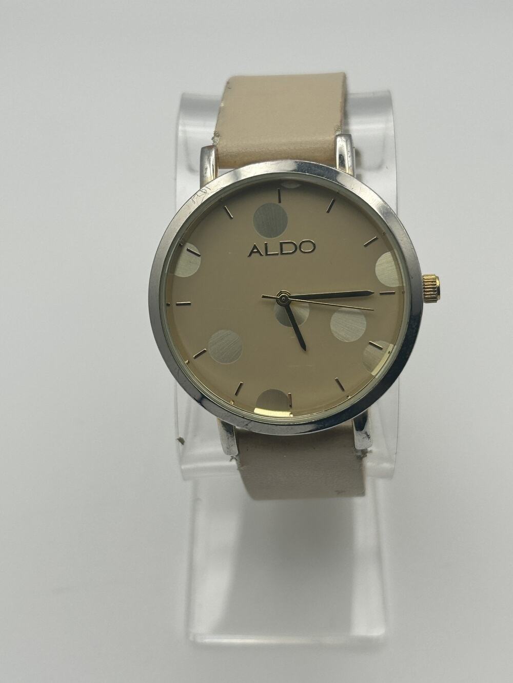 Aldo Womens Watch S-3802 Polka Dot Circle Dial Taupe Strap Silver Tone Runs